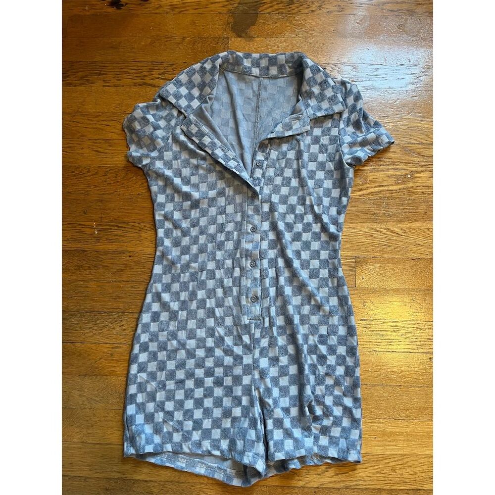 Frankies Bikinis Women's Checkered Button Front Romper Blue Size S